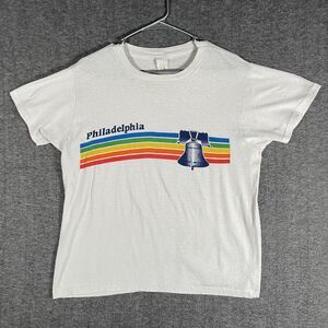 Vintage Philadelphia Shirt Womens Medium White Liberty Bell Rainbow Graphic Tee